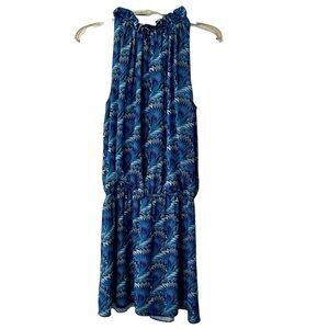 Ramy Brook Aiden Dress Azure Multi Ruffle Collar Key Hole Front Mini high neck